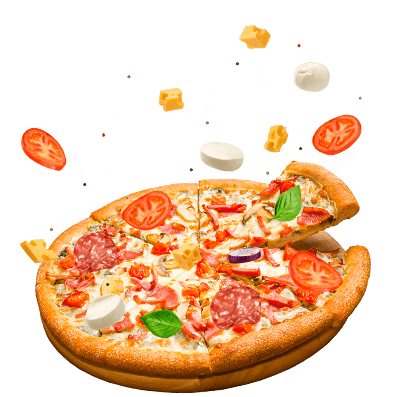 Image of a pizza floating by the window.